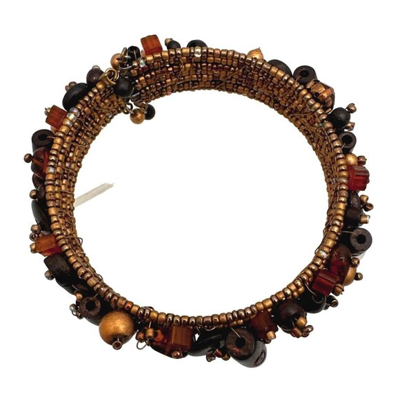 Boho Chic Multi Bead Bangle Bracelet Cuff Flex Wire Eclectic Earthy Tones Brown - Picture 4 of 9